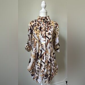 LINDI Y2K Animal Print Lagenlook Artsy Mesh Collared Tunic Blouse Size XS